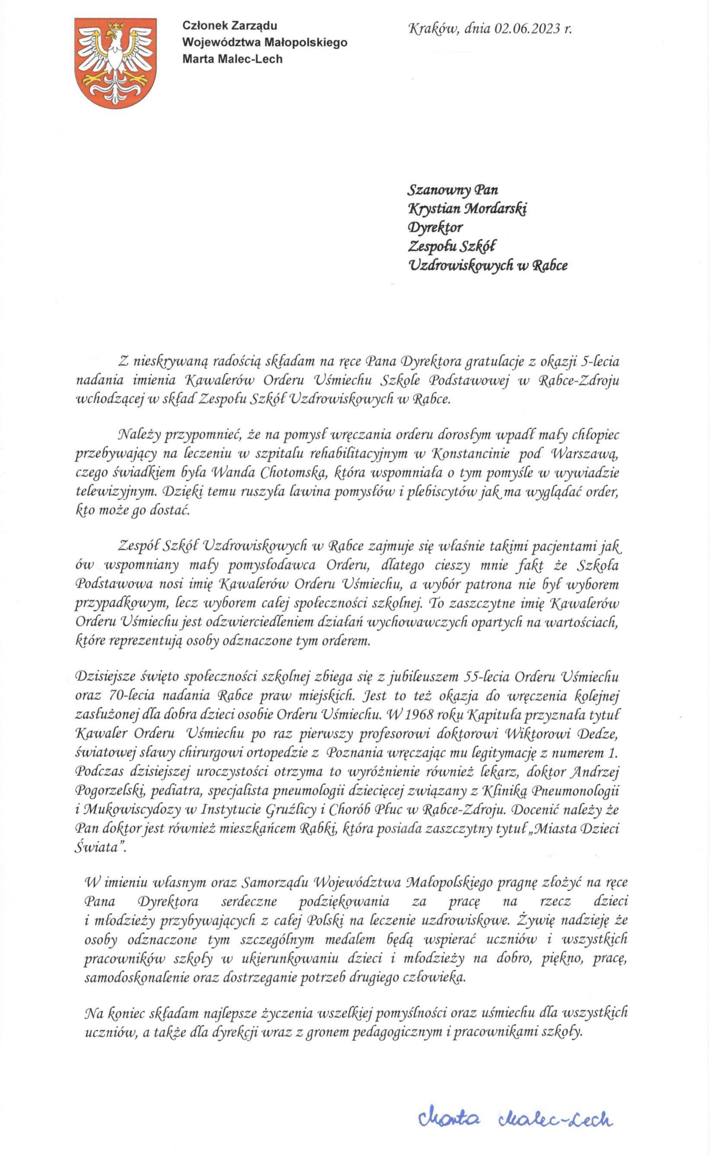 podziękowanie pani Malec Lech